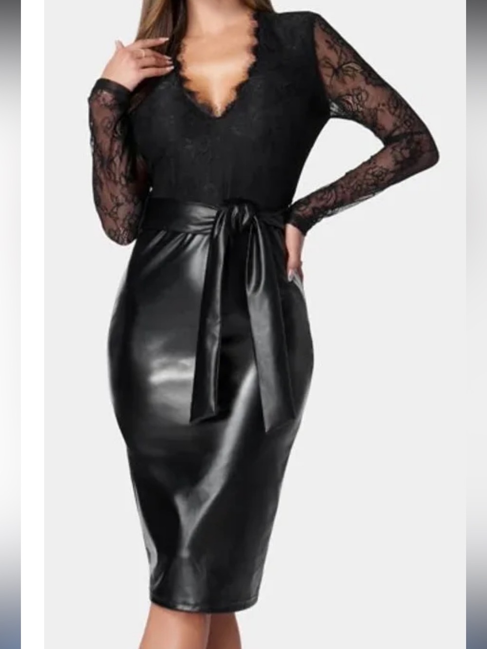bebe Black Faux Leather Pencil Skirt with Tie-Waist